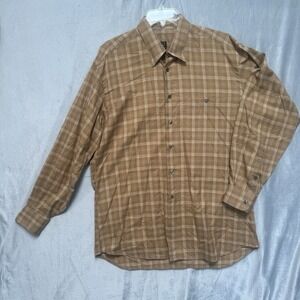 Ike Behar New York Plaid Dress Shirt Brown Beige Long Sleeve L Made in Canada